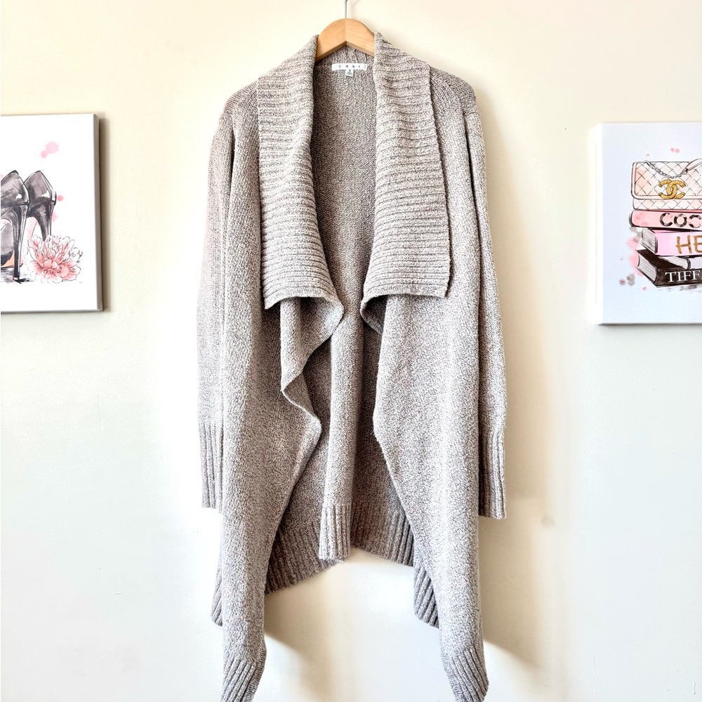 CAbi Oatmeal Draped Long Cardigan Cotton Blend Pockets Sz Small.
